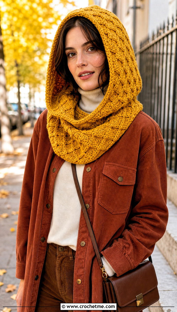 Alpine Stitch Crochet Hooded Cowl With Corduroy Outfit - 30 easy crochet hooded cowl outfit ideas