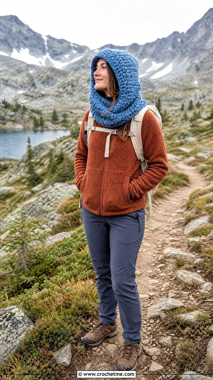 Alpine Stitch Crochet Hooded Cowl With Hiking Outfit - 35 crochet hooded cowl outfit ideas