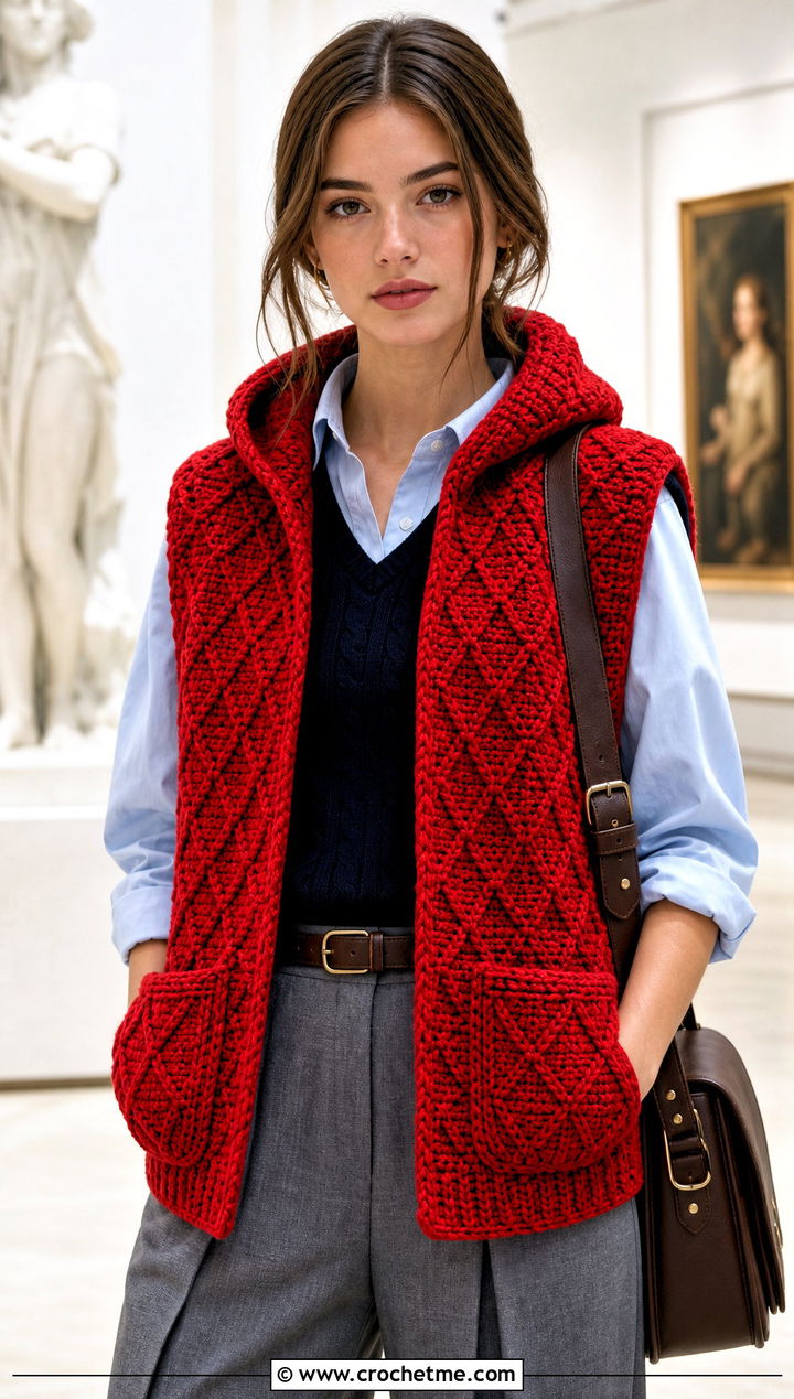 Alpine Stitch Crochet Hooded Pocket Scarf With Sweater Vest - 25 crochet hooded pocket scarf outfit ideas