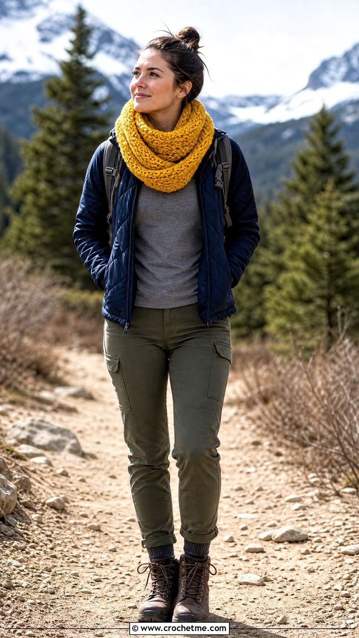 Alpine Stitch Crochet Infinity Scarf With Quilted Jacket - 35 crochet infinity scarf outfit ideas