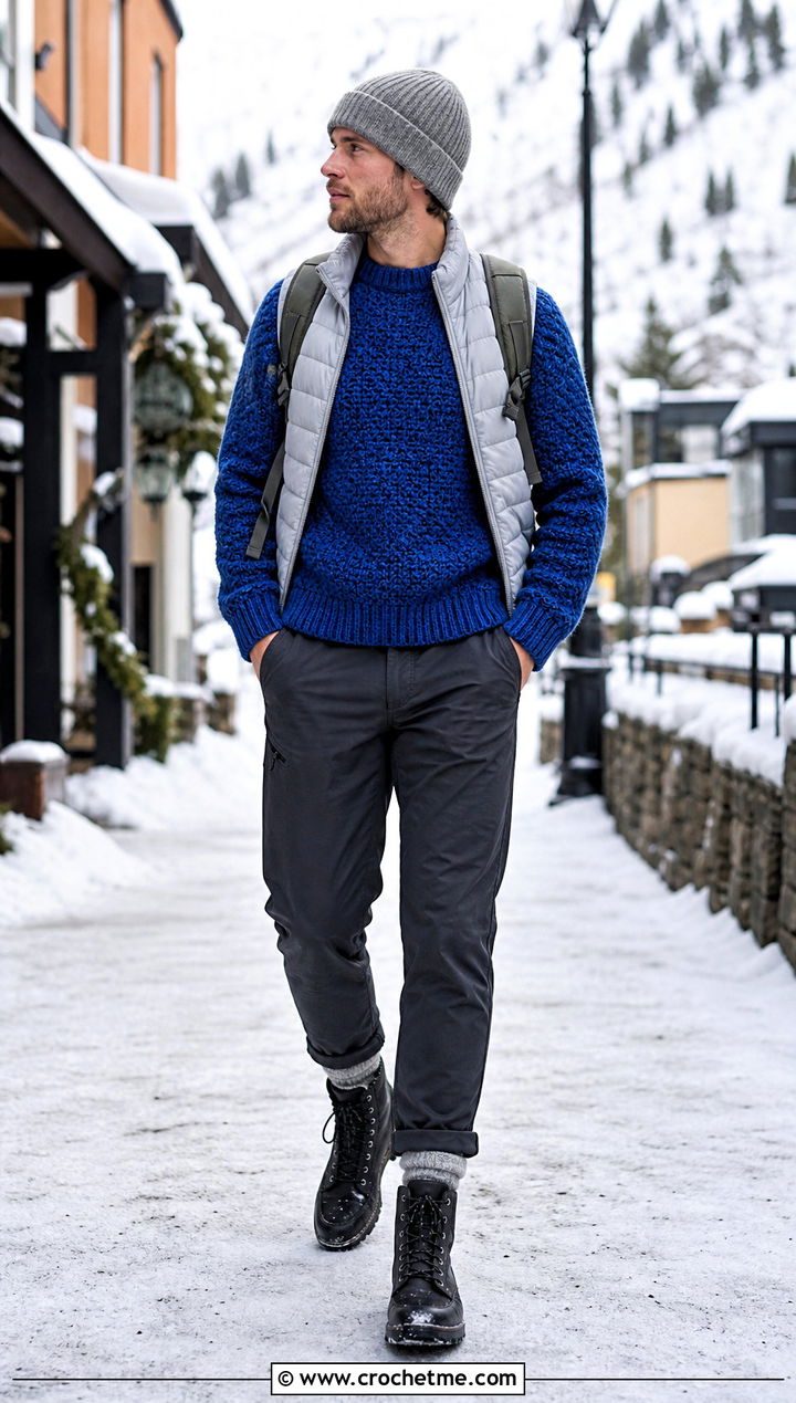 Alpine Stitch Crochet Jumper With A Puffer Vest - 35 men crochet jumper outfit ideas