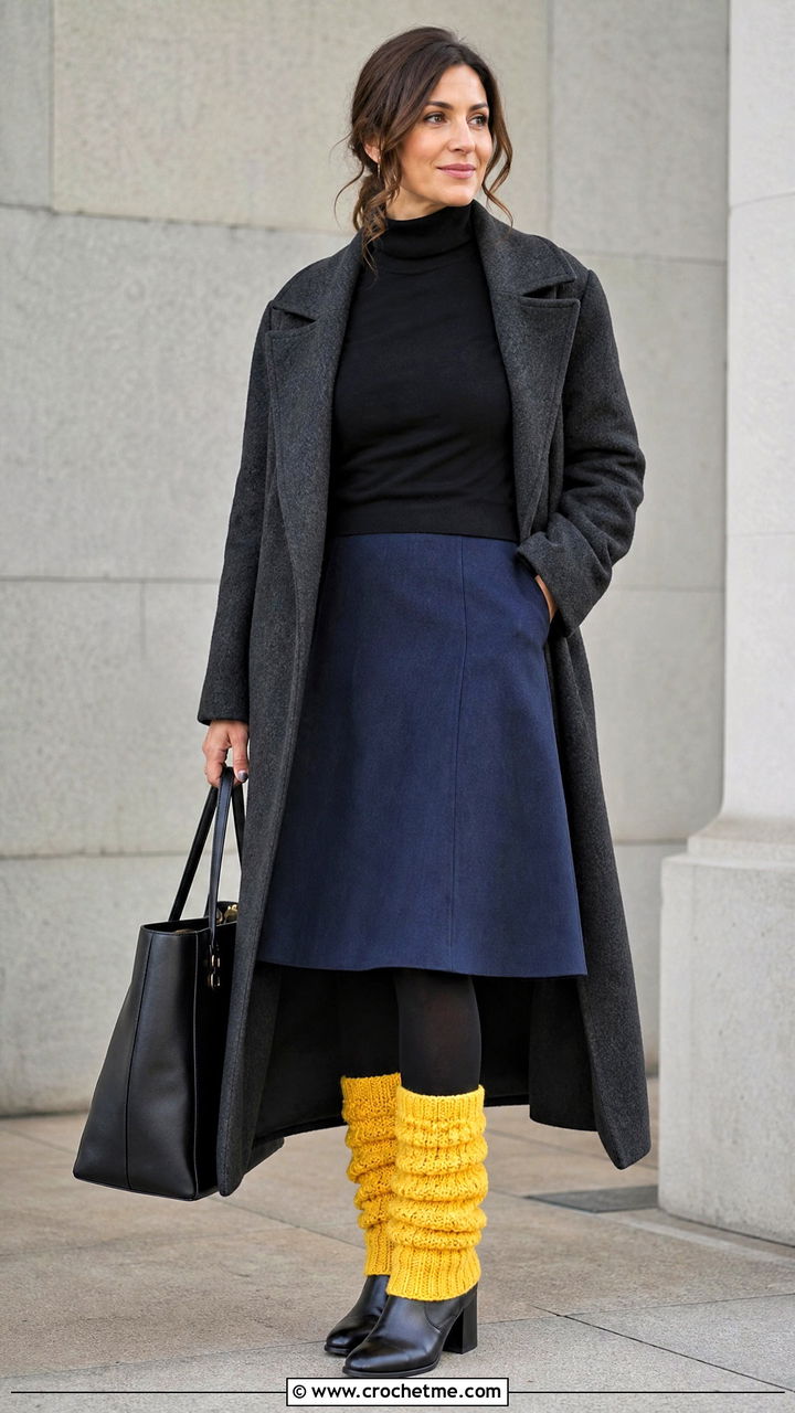 Alpine Stitch Crochet Leg Warmers With Wool Coat - 35 crochet leg warmers outfit ideas