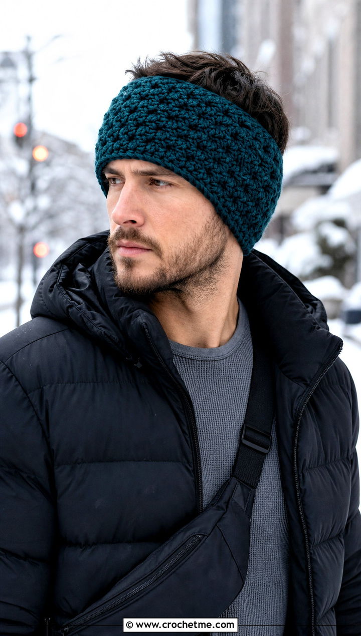 Alpine Stitch Crochet Mens Ear Warmer With Puffer Jacket - 25 Crochet Mens Ear Warmer outfit ideas