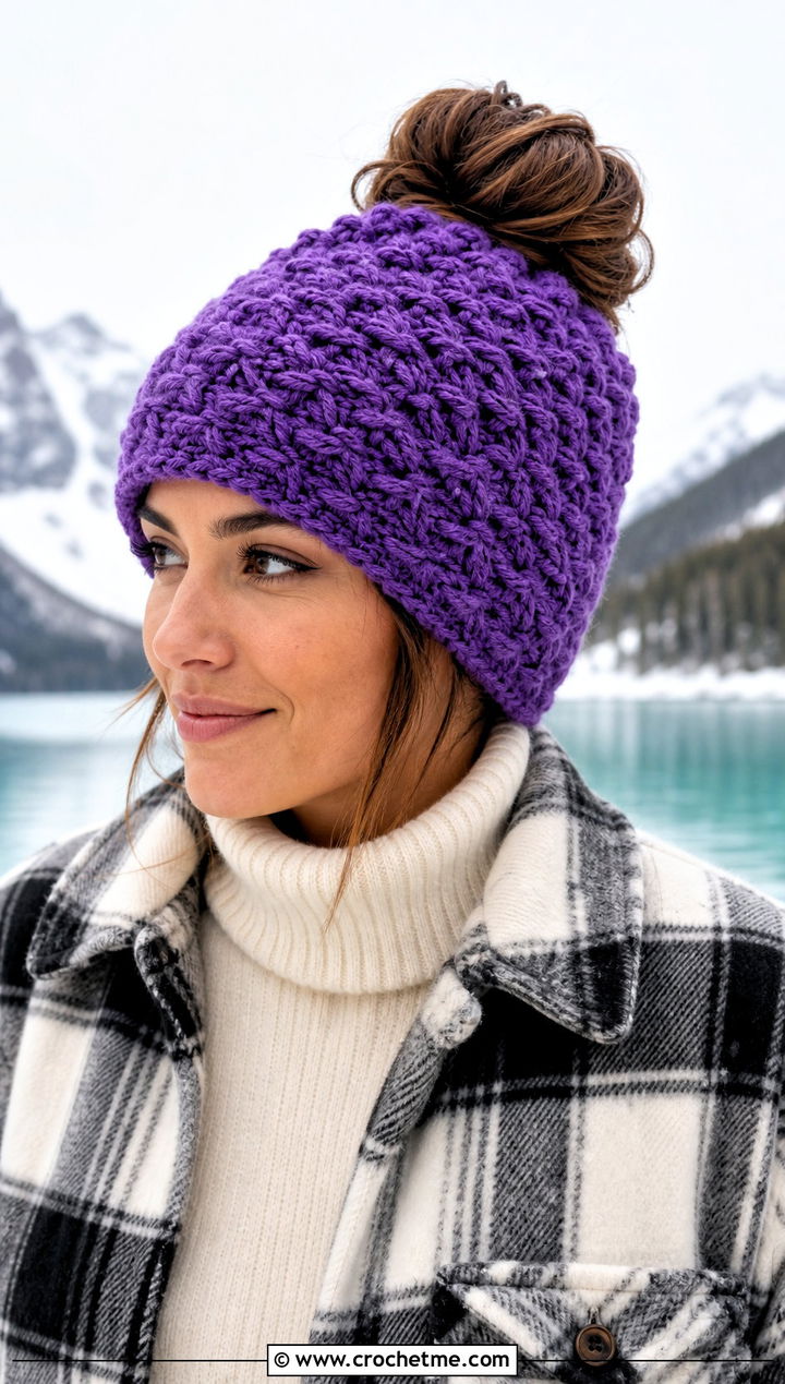 Alpine Stitch Crochet Messy Bun Hat With Plaid Shacket - 15 Easy Crochet Messy Bun Hat outfit ideas