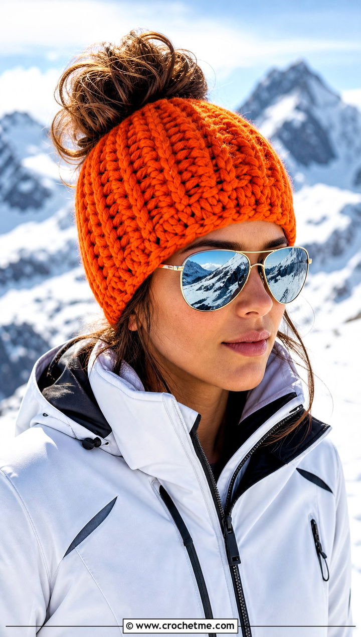 Alpine Stitch Crochet Messy Bun Hat With Ski Jacket - 20 Crochet Messy Bun Hat Bulky Yarn outfit ideas