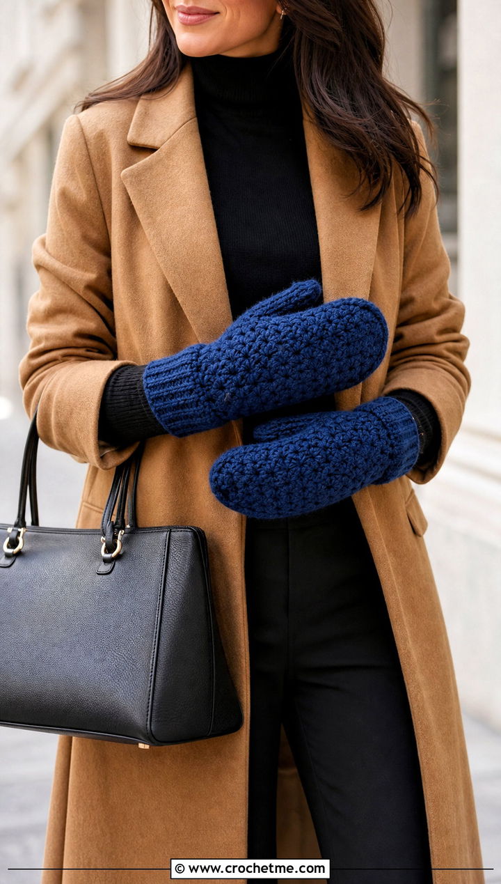 Alpine Stitch Crochet Mittens With Camel Coat - 30 crochet hand mittens outfit ideas