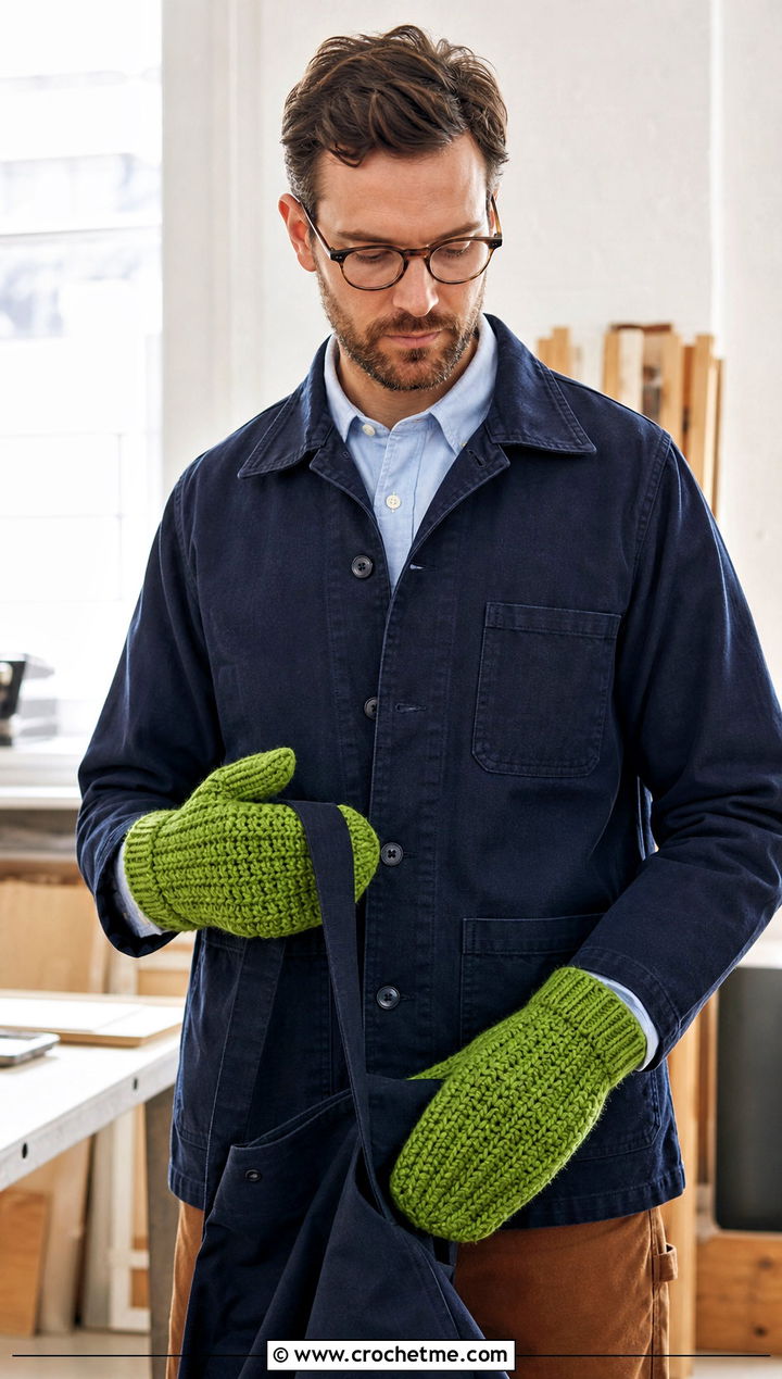 Alpine Stitch Crochet Mittens With Chore Coat - 25 crochet mittens for men outfit ideas