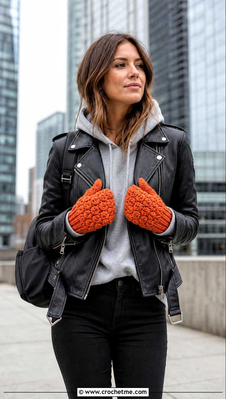 Alpine Stitch Crochet Mittens With Leather Jacket - 25 cute crochet mittens outfit ideas