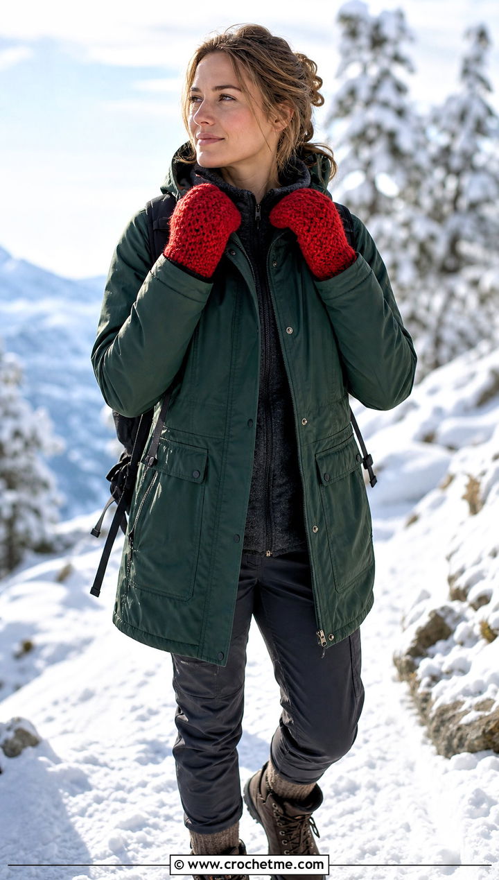Alpine Stitch Crochet Mittens With Parka and Hiking Boots - 25 Simple Crochet Mittens outfit ideas