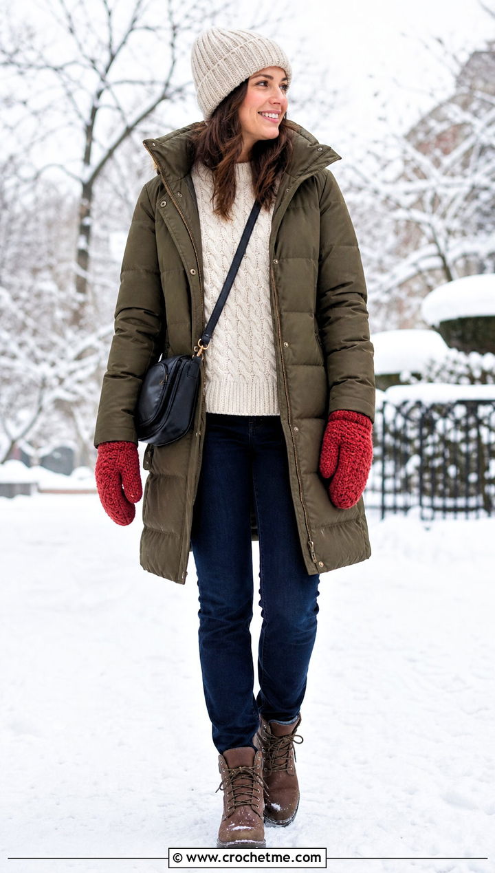 Alpine Stitch Crochet Mittens With Parka - 35 easy crochet mittens outfit ideas