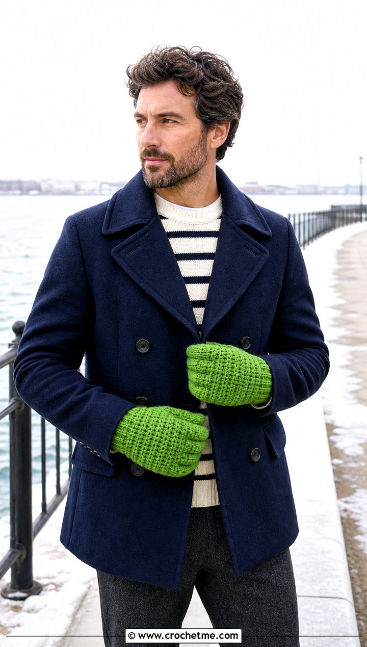 Alpine Stitch Crochet Mittens With Peacoat - 25 Crochet Mens Mittens outfit ideas