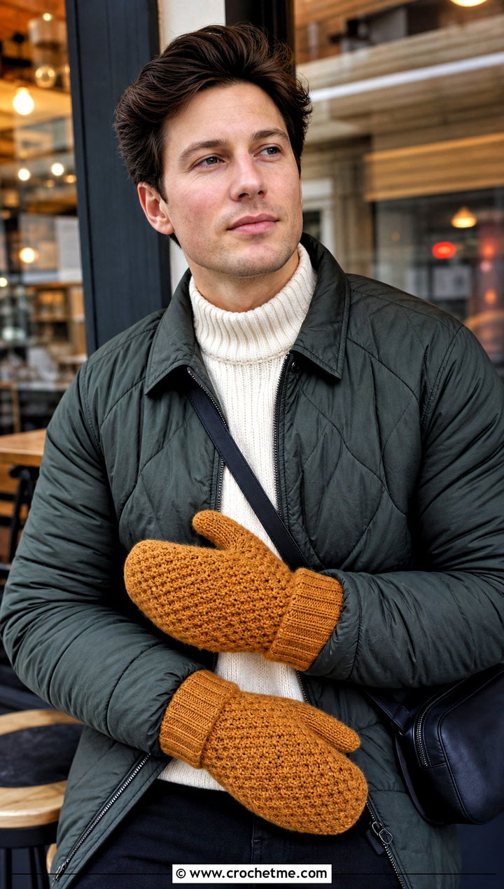 Alpine Stitch Crochet Mittens With Quilted Jacket - 25 Mens Crochet Mittens outfit ideas