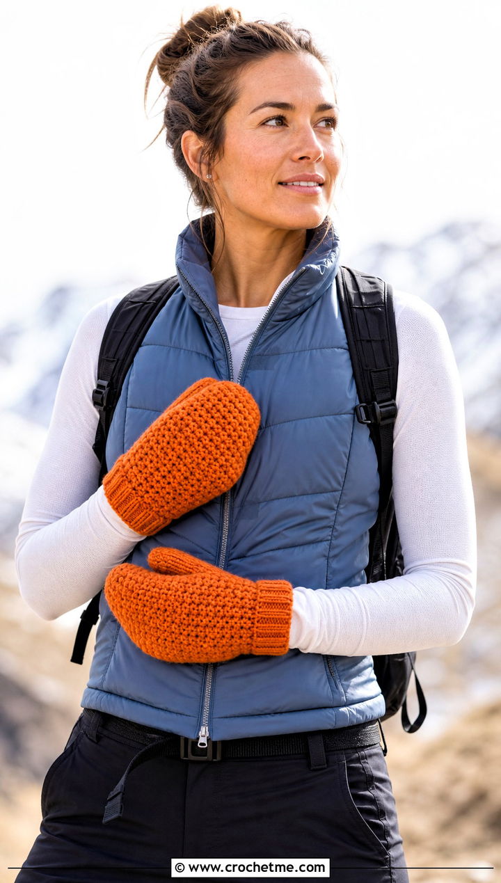 Alpine Stitch Crochet Mittens With Quilted Vest - 25 women crochet mittens outfit ideas