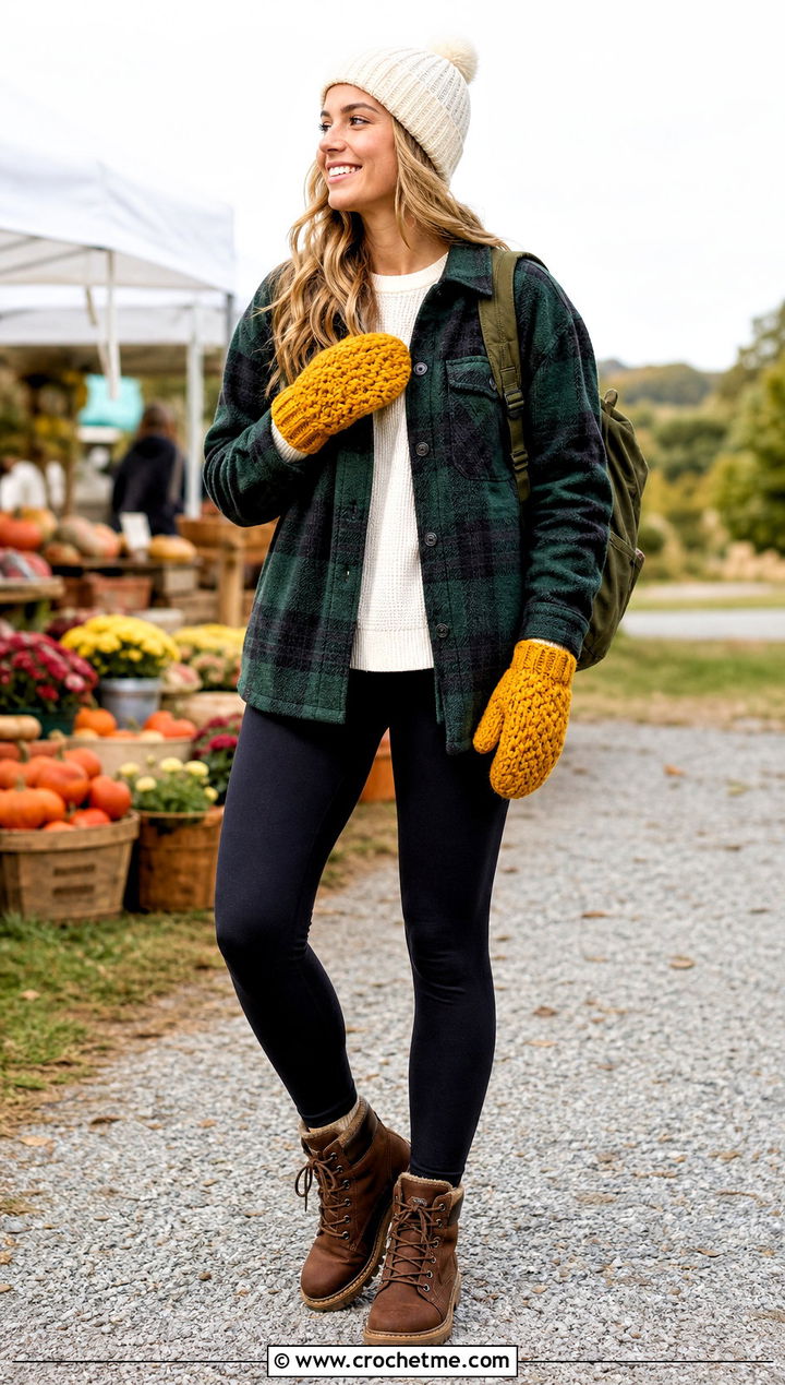 Alpine Stitch Crochet Mittens With Shacket And Leggings - 35 easy crochet mittens for beginners outfit ideas