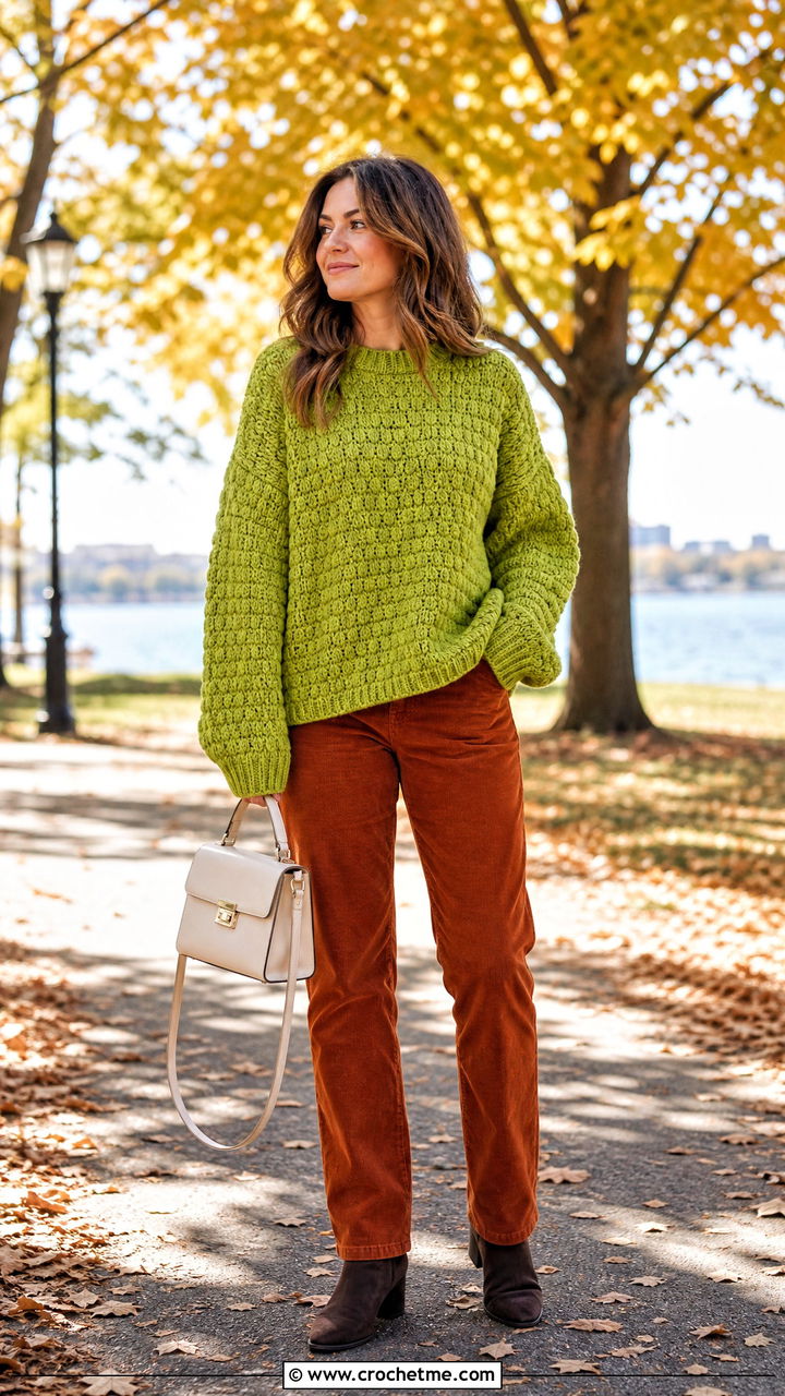 Alpine Stitch Crochet Oversized Sweater With Corduroy Pants - 35 crochet oversized sweater outfit ideas