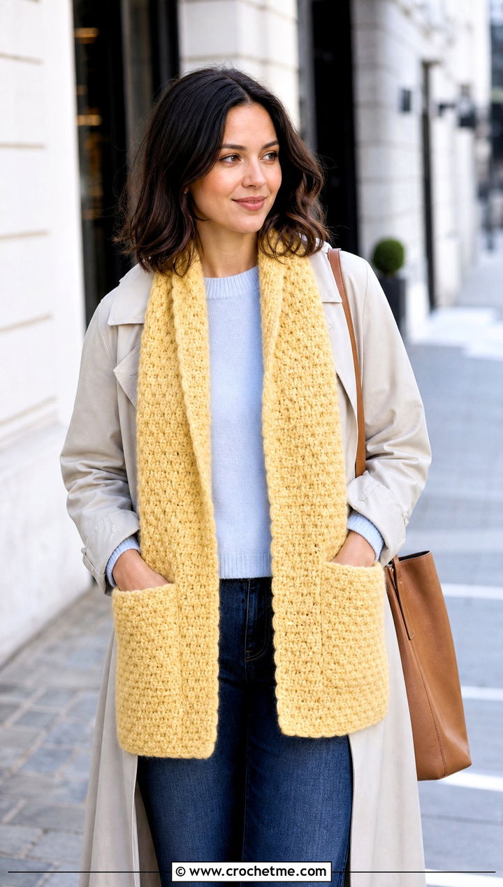 Alpine Stitch Crochet Pocket Scarf With Trench Coat - 15 Crochet Scarf With Hand Pockets outfit ideas