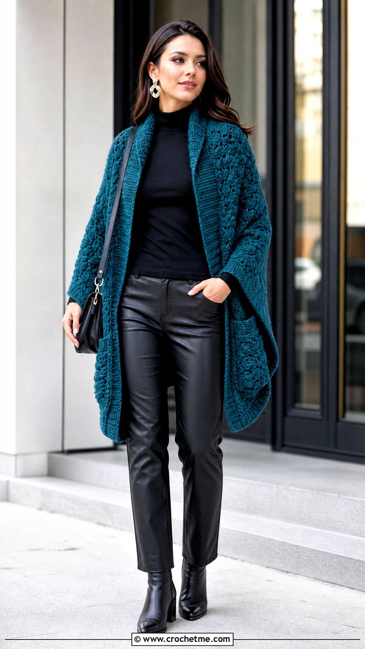 Alpine Stitch Crochet Pocket Shawl With Leather Pants - 35 crochet pocket shawl outfit ideas