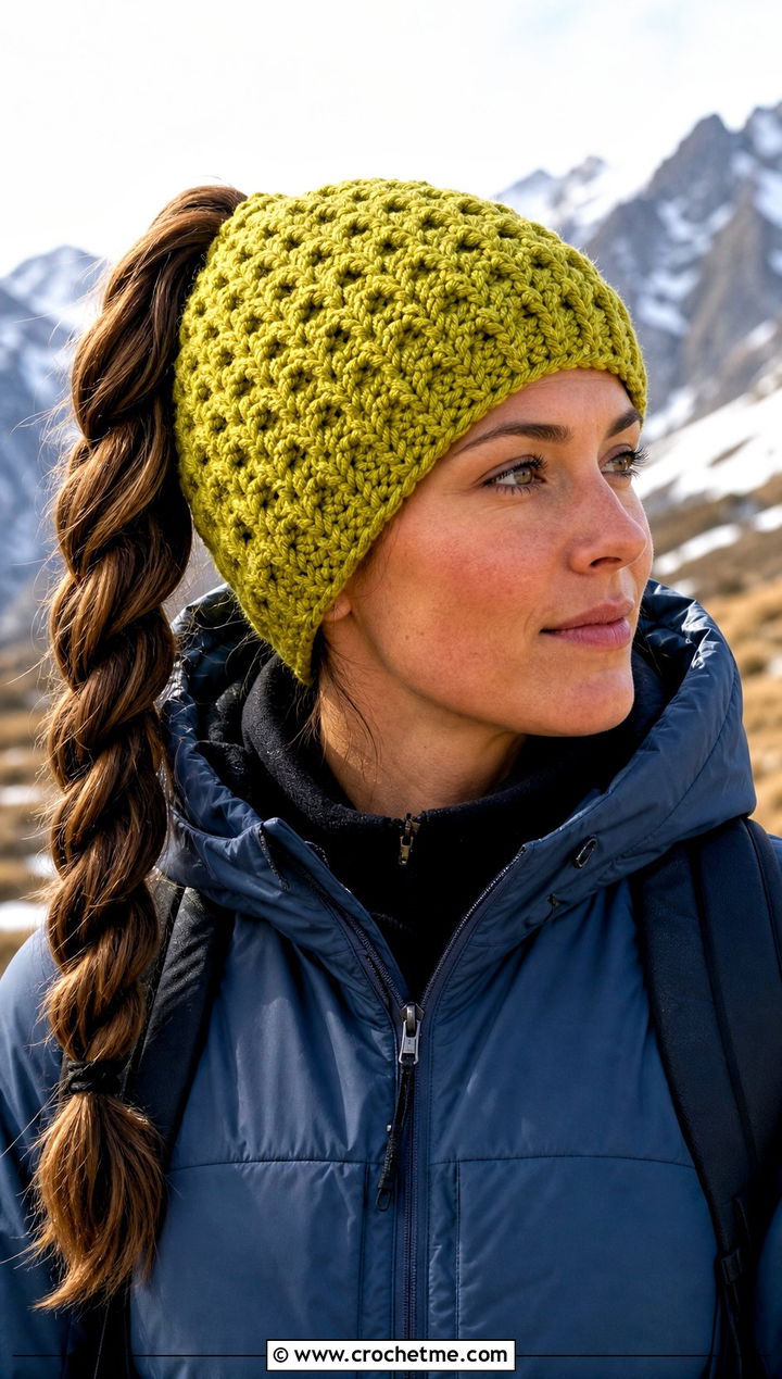 Alpine Stitch Crochet Ponytail Beanie With Parka - 30 crochet hat with ponytail hole outfit ideas