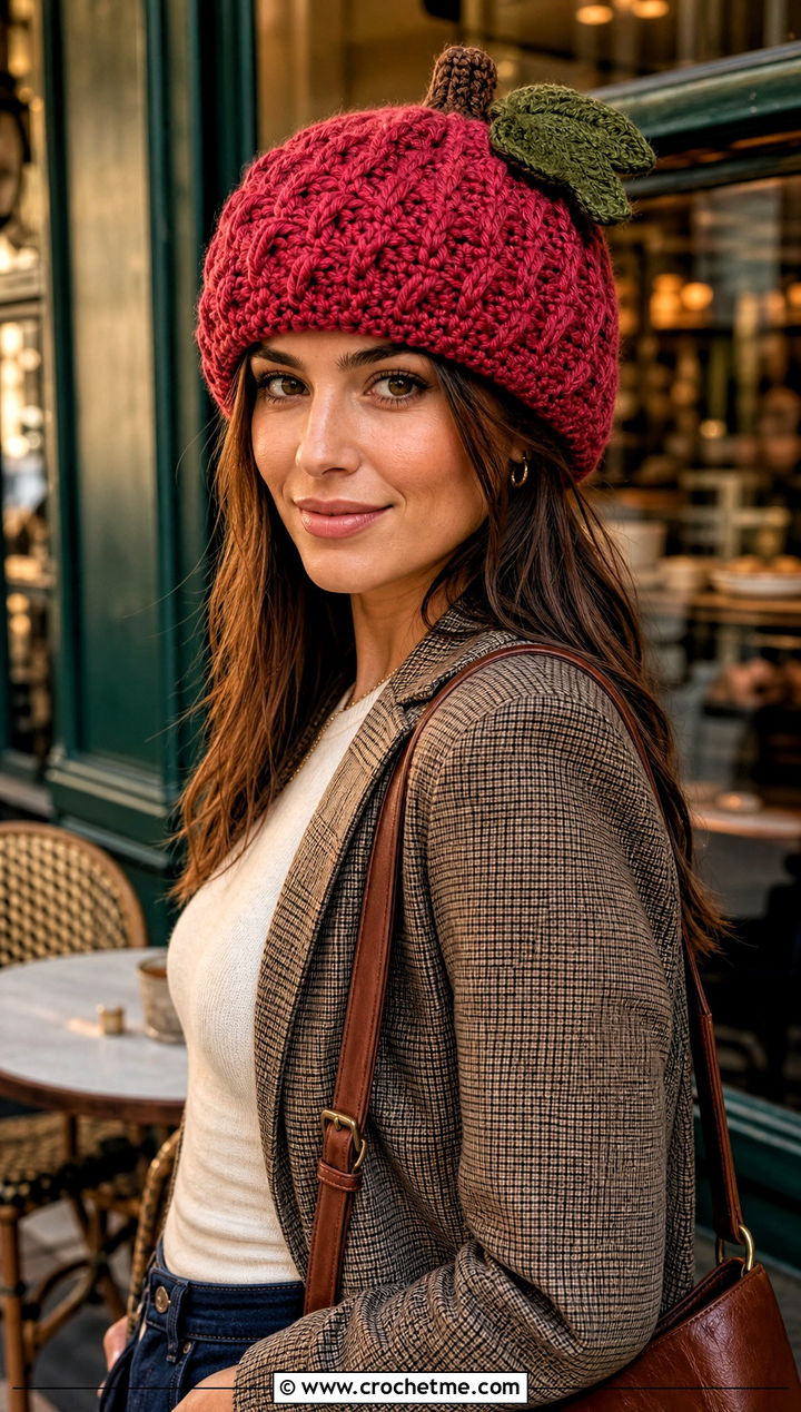 Alpine Stitch Crochet Pumpkin Beanie With Plaid Blazer - 30 crochet pumpkin beanie outfit ideas