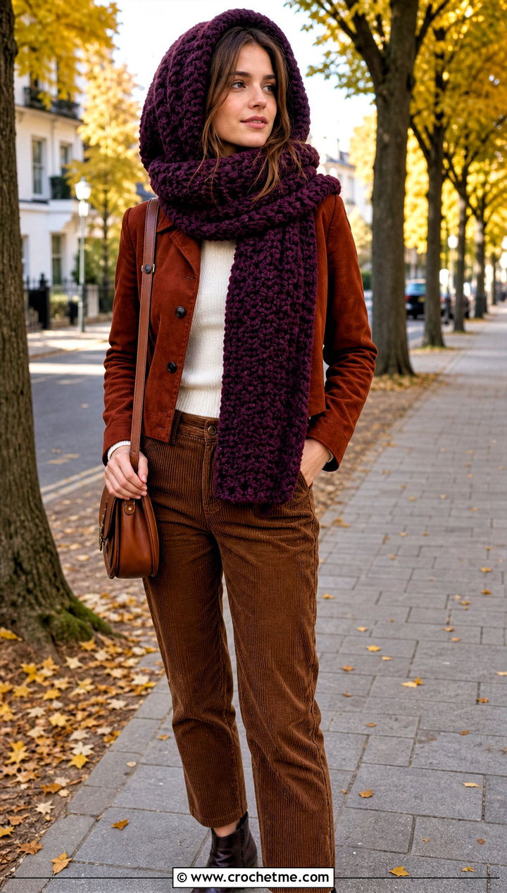 Alpine Stitch Crochet Scarf Hood With Corduroy Pants - 30 crochet scarf hood outfit ideas