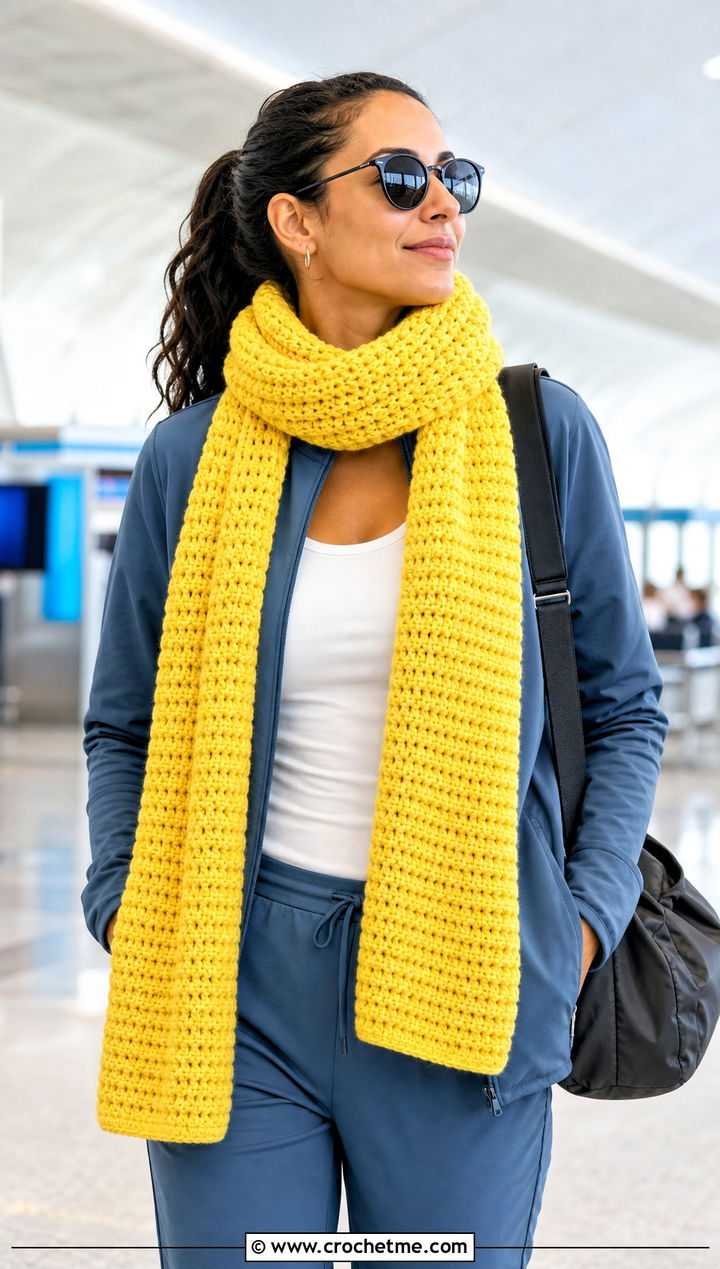 Alpine Stitch Crochet Scarf With Athleisure Set - 15 Textured Crochet Scarf Design outfit ideas