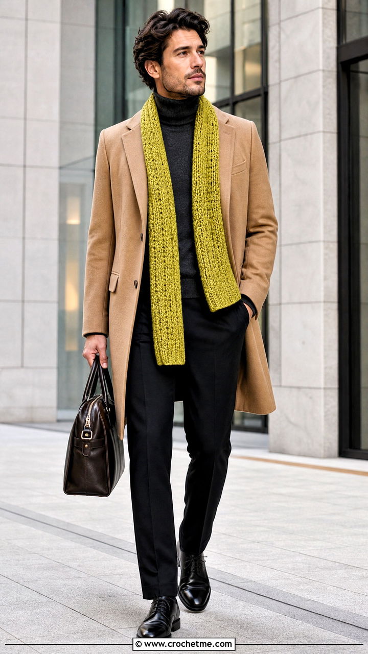 Alpine Stitch Crochet Scarf With Camel Overcoat - 35 crochet scarf for men outfit ideas