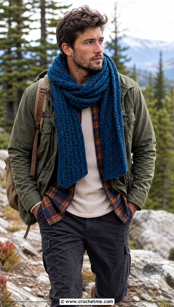 Alpine Stitch Crochet Scarf With Flannel Shirt - 30 male crochet scarf outfit ideas