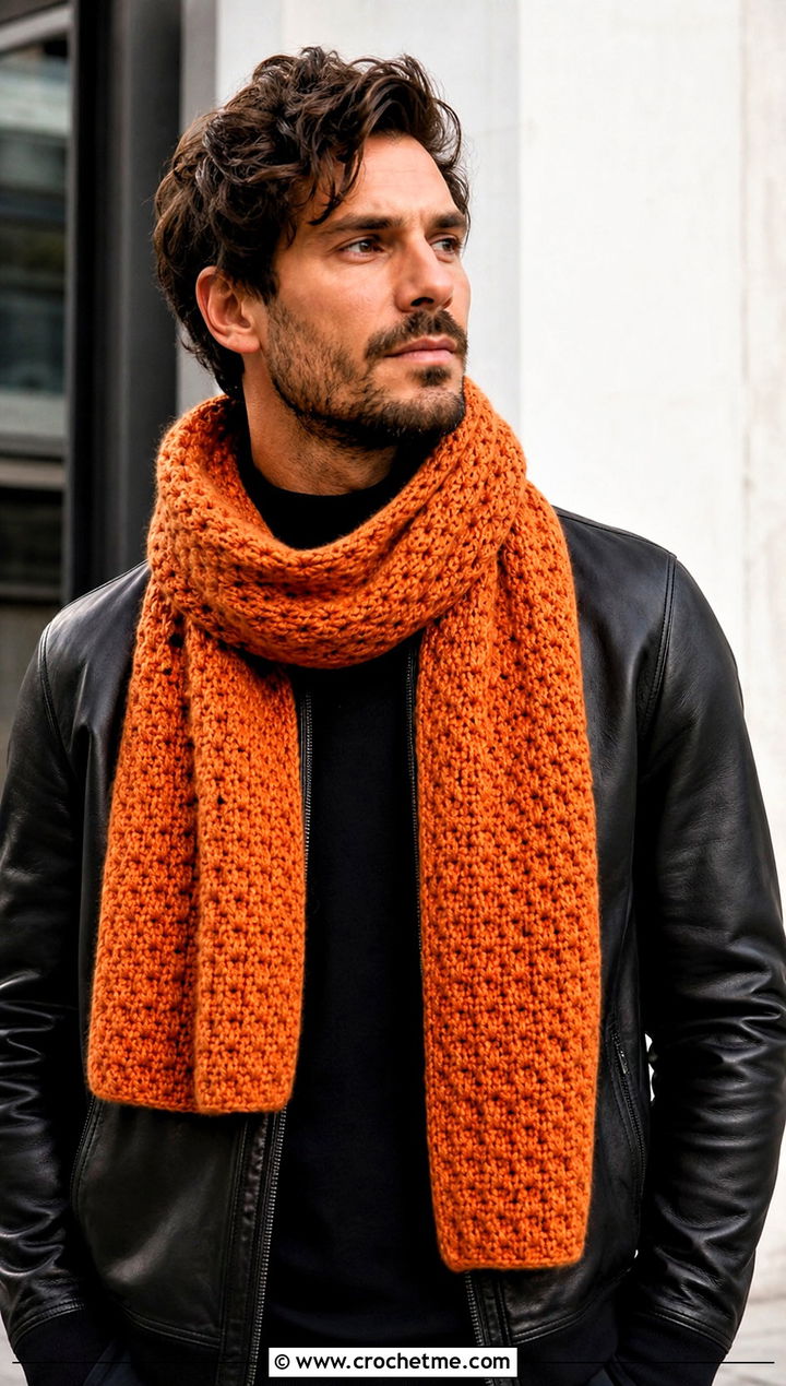 Alpine Stitch Crochet Scarf With Leather Bomber Jacket - 15 crochet stitch for mens scarf outfit ideas