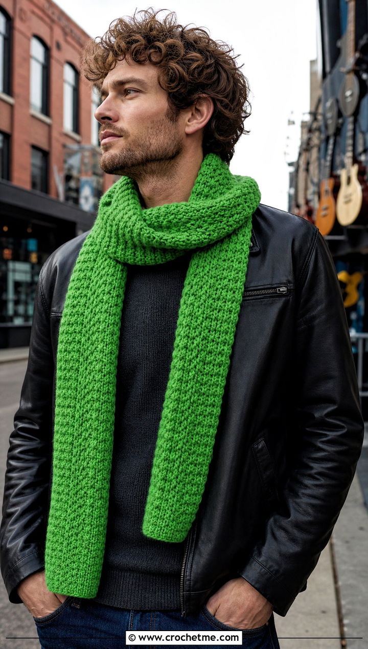 Alpine Stitch Crochet Scarf With Leather Jacket - 30 crochet scarf ideas for men