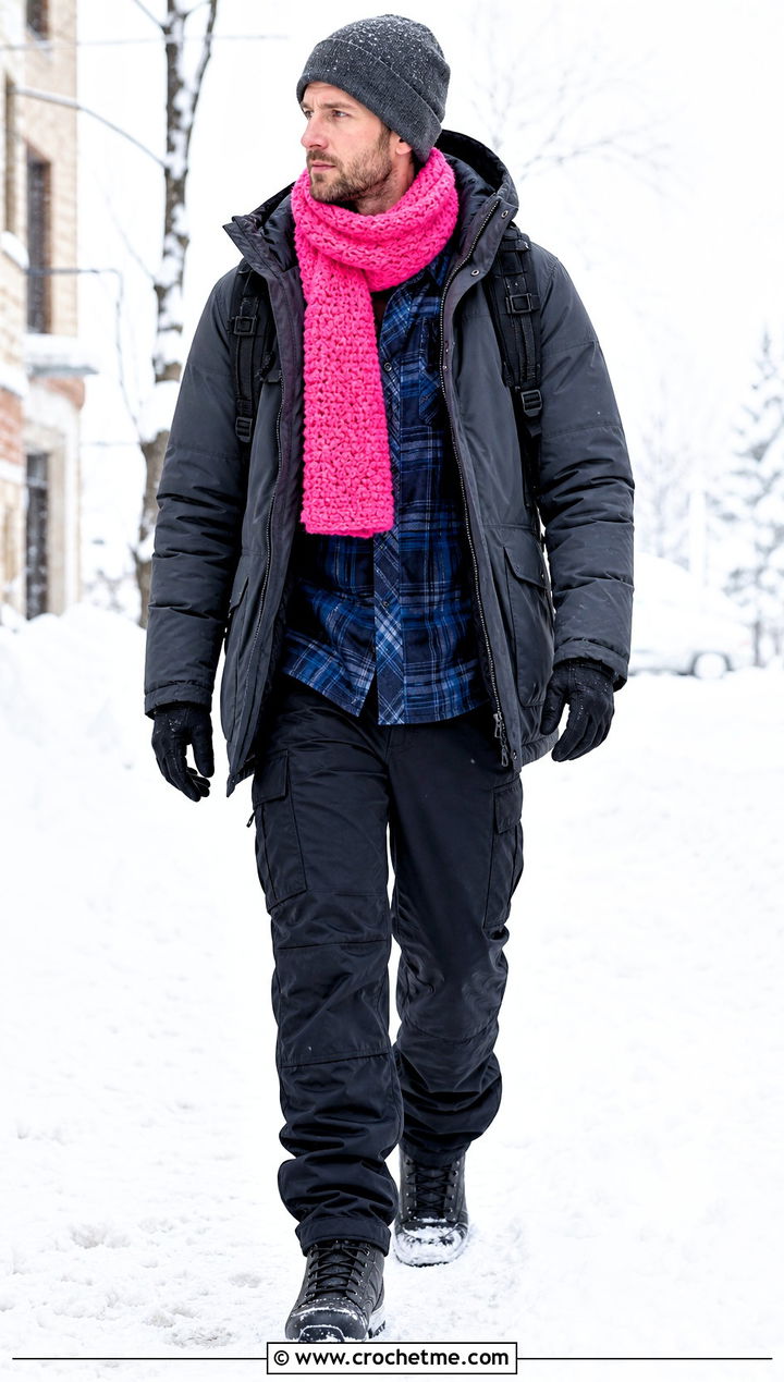 Alpine Stitch Crochet Scarf With Parka - 35 men crochet scarf outfit ideas