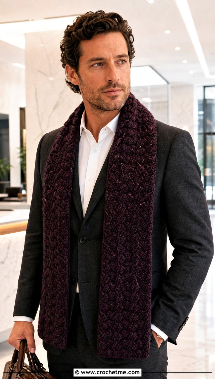 Alpine Stitch Crochet Scarf With Tailored Suit - 20 men's crocheted scarf outfit ideas