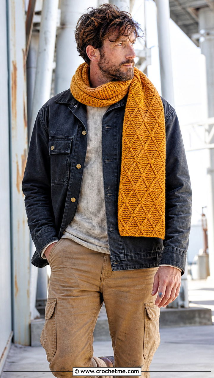 Alpine Stitch Crochet Scarf With Work Jacket - 30 easy crochet scarf men outfit ideas