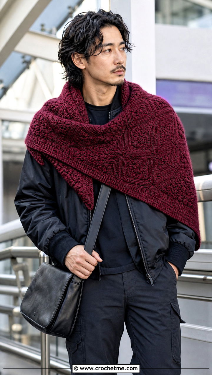 Alpine Stitch Crochet Shawl With Bomber Jacket - 30 crochet shawl for men outfit ideas