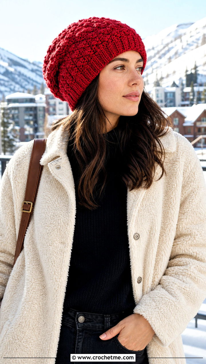 Alpine Stitch Crochet Slouch Beanie With Sherpa Coat - 35 crochet slouch beanie outfit ideas