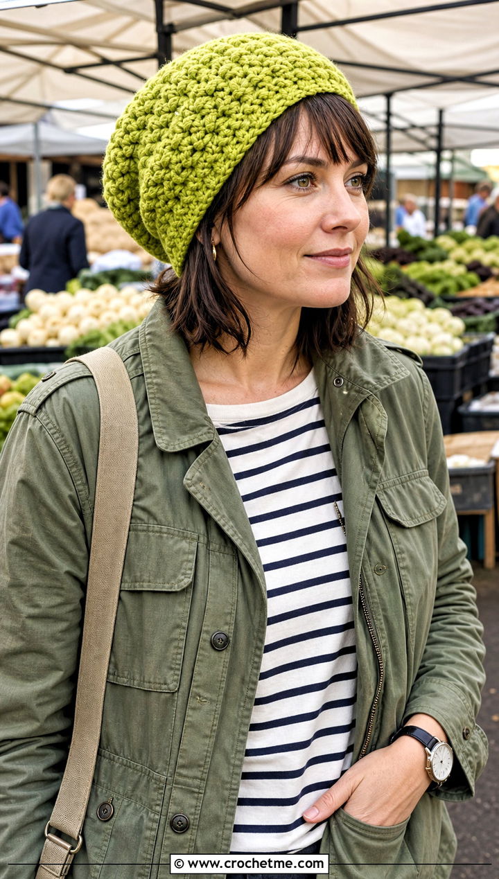 Alpine Stitch Crochet Slouch Hat With Utility Jacket And Chinos - 25 easy crochet slouch hat outfit ideas