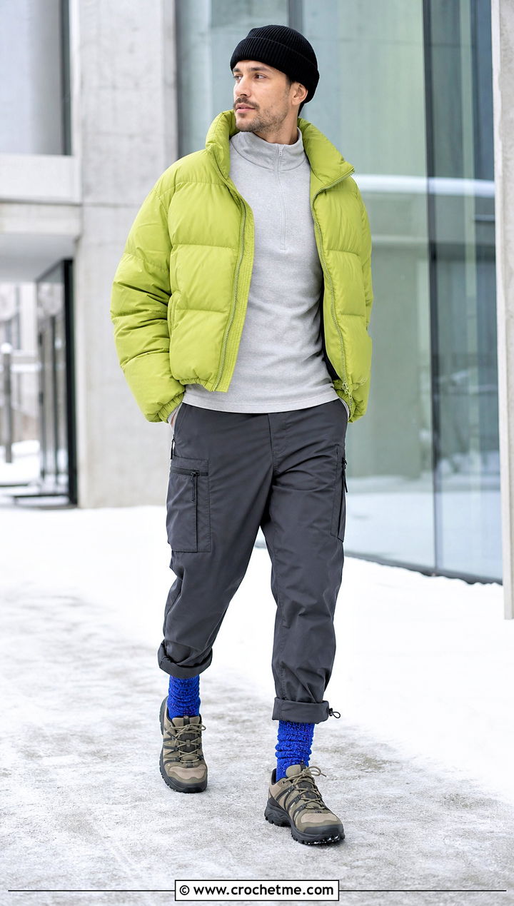 Alpine Stitch Crochet Socks With Puffer Jacket - 35 crochet socks for men outfit ideas