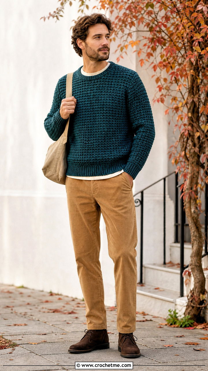 Alpine Stitch Crochet Sweater With Corduroy Pants - 35 men crochet sweater outfit ideas
