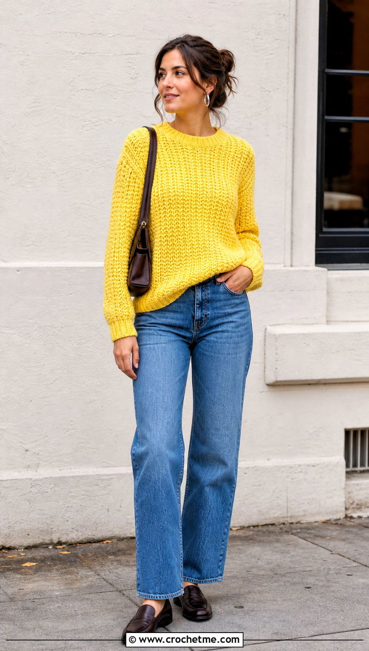 Alpine Stitch Crochet Sweater With Straight Leg Jeans - 25 Crochet Textured Sweater outfit ideas