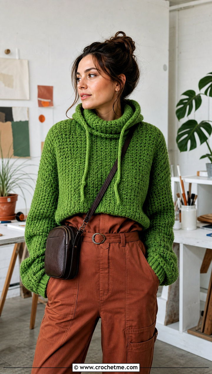 Alpine Stitch Crochet Turtle Neck Hoodie With Utility Jumpsuit - 30 crochet turtle neck hoodie outfit ideas
