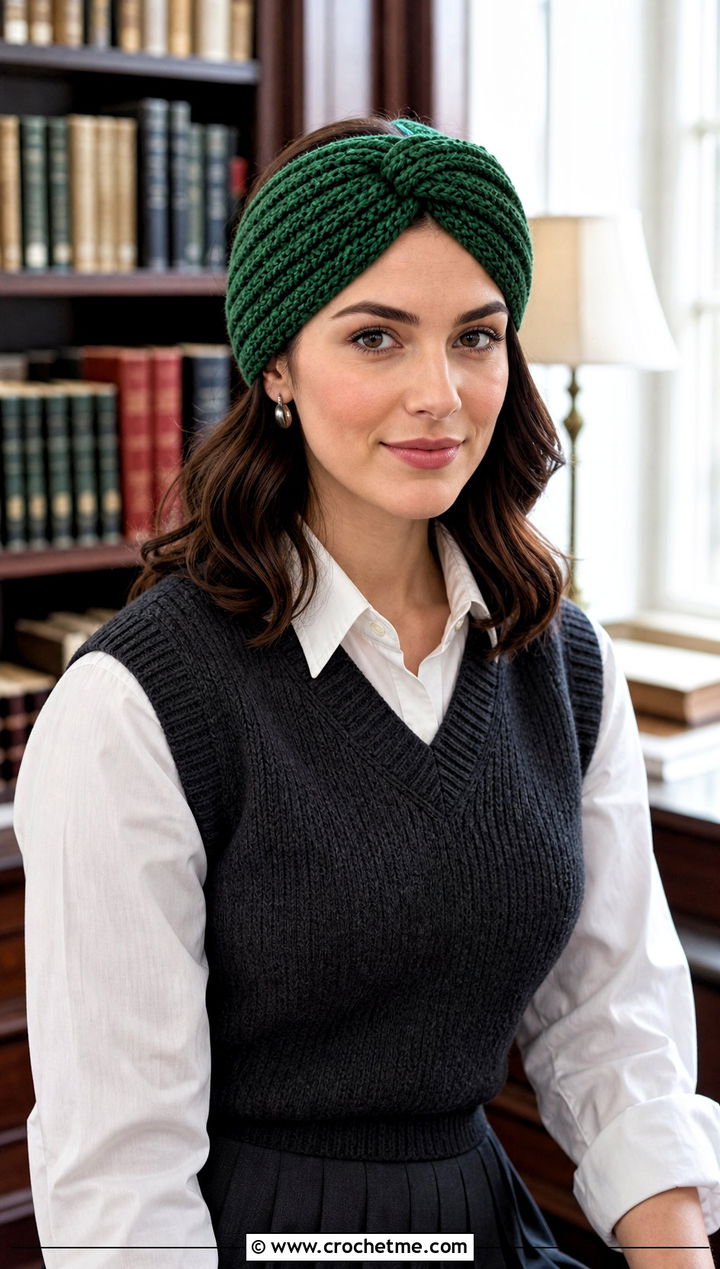 Alpine Stitch Crochet Twist Headband With Dark Academia Outfit - 30 crochet twist headband outfit ideas