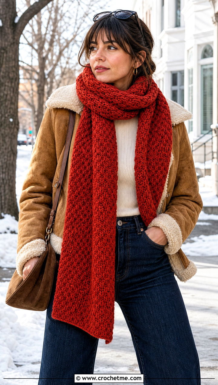 Alpine Stitch Crochet Winter Scarf With Shearling Jacket - 35 crochet winter scarf outfit ideas