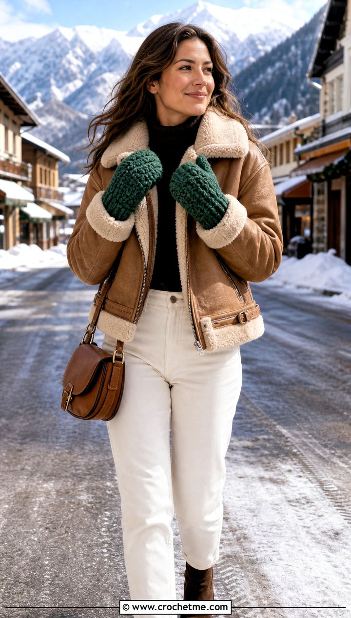 Alpine Stitch Crocheted Mittens With Shearling Jacket - 30 Crocheted Mittens outfit ideas