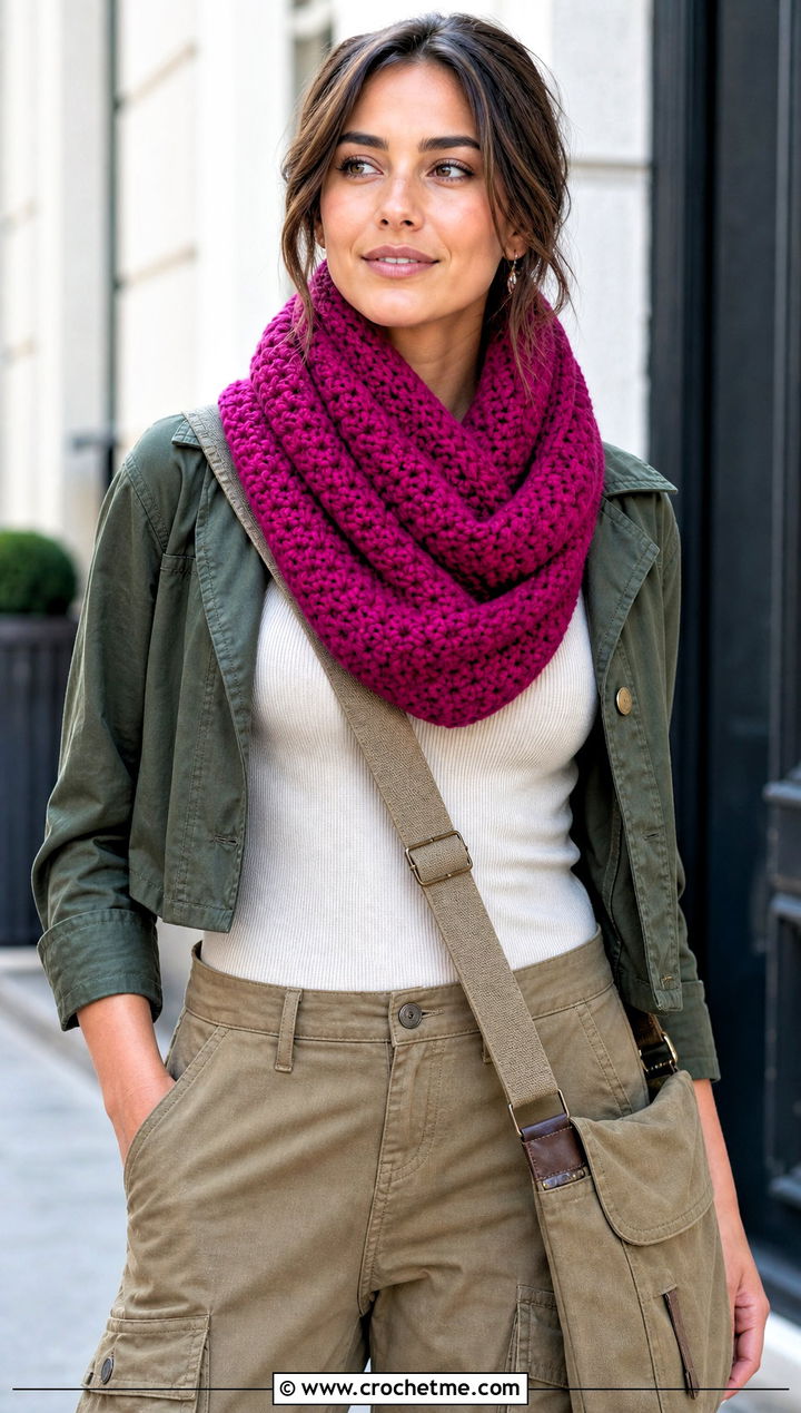 Alpine Stitch Double Length Crochet Cowl With Utility Jacket And Cargo Pants - 15 Double Length Crochet Cowl outfit ideas