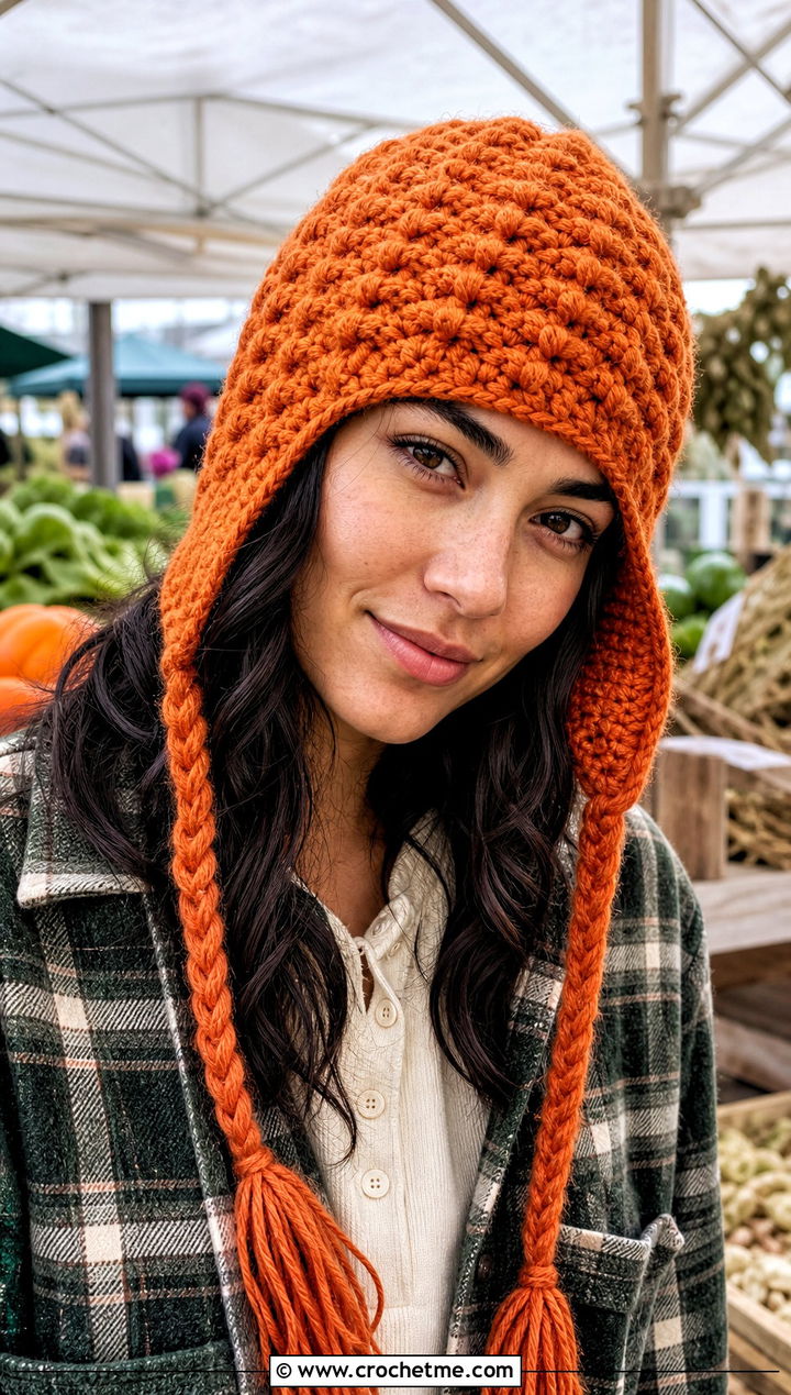 Alpine Stitch Ear Flap Beanie With Plaid Shacket - 30 crochet ear flap beanie outfit ideas