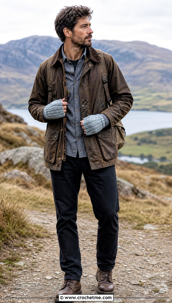 Alpine Stitch Fingerless Gloves With Field Jacket - 35 men crochet gloves outfit ideas
