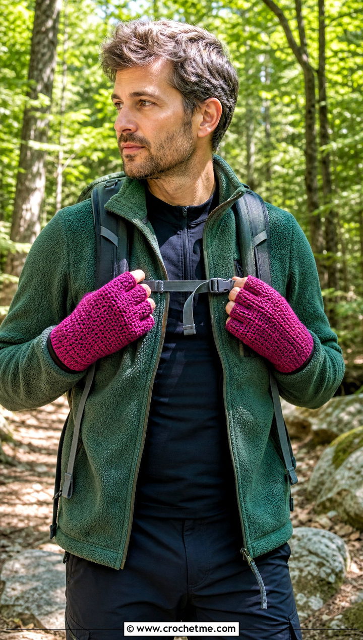 Alpine Stitch Fingerless Gloves With Fleece Jacket - 25 Crochet Mens Fingerless Gloves outfit ideas