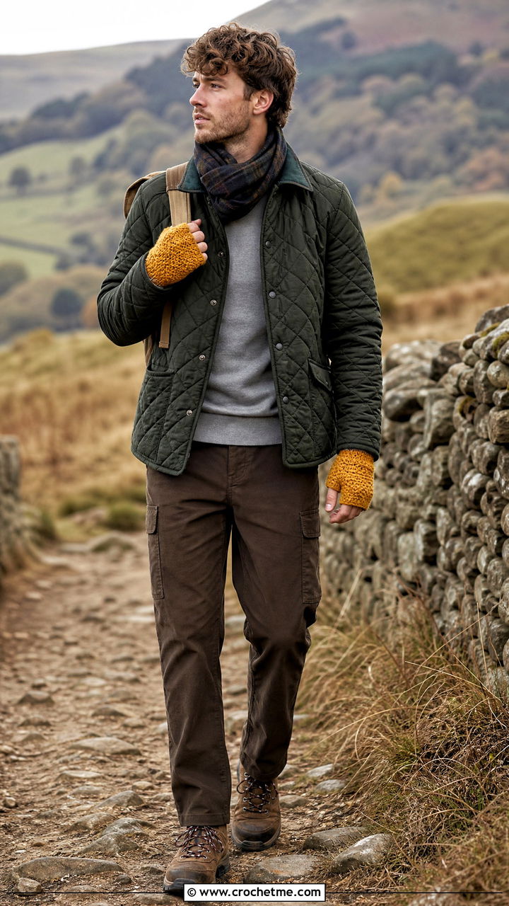 Alpine Stitch Fingerless Gloves With Quilted Jacket - 35 crochet gloves for men outfit ideas