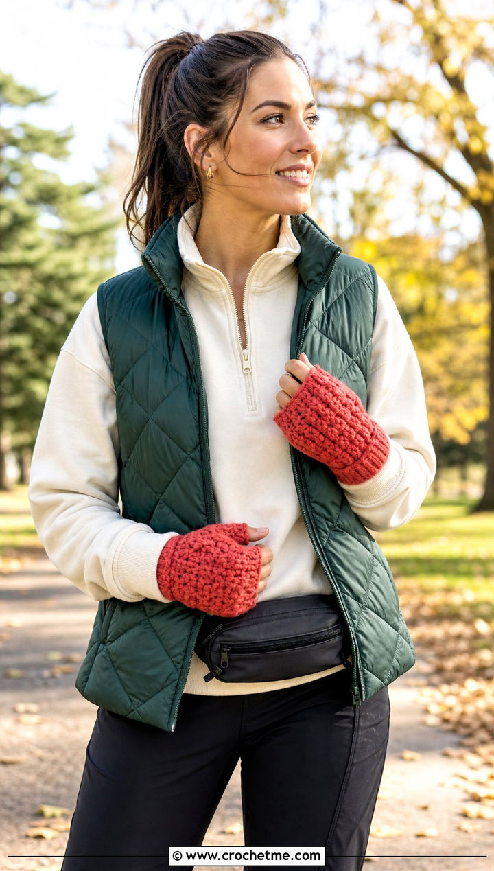 Alpine Stitch Fingerless Gloves With Quilted Vest - 25 Crochet Fingerless Gloves Bulky Yarn outfit ideas