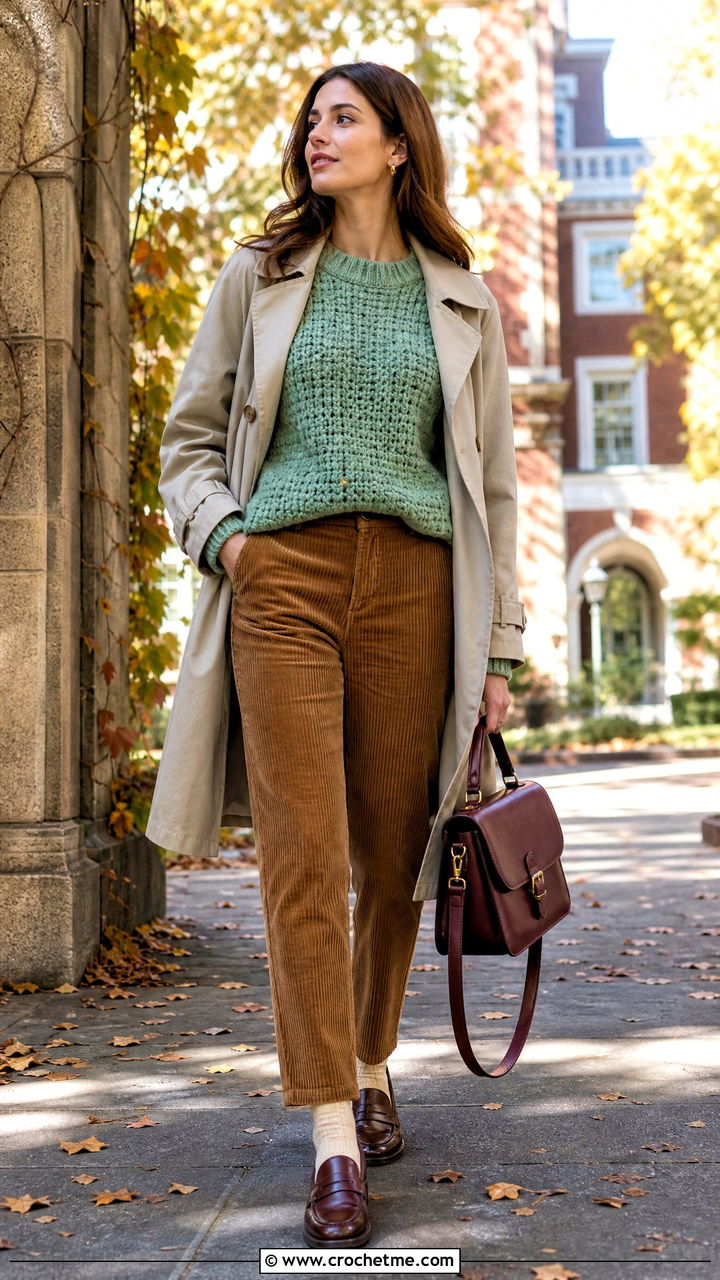 Alpine Stitch Green Crochet Raglan Sweater With Corduroy Pants - 35 green crochet sweater outfit ideas