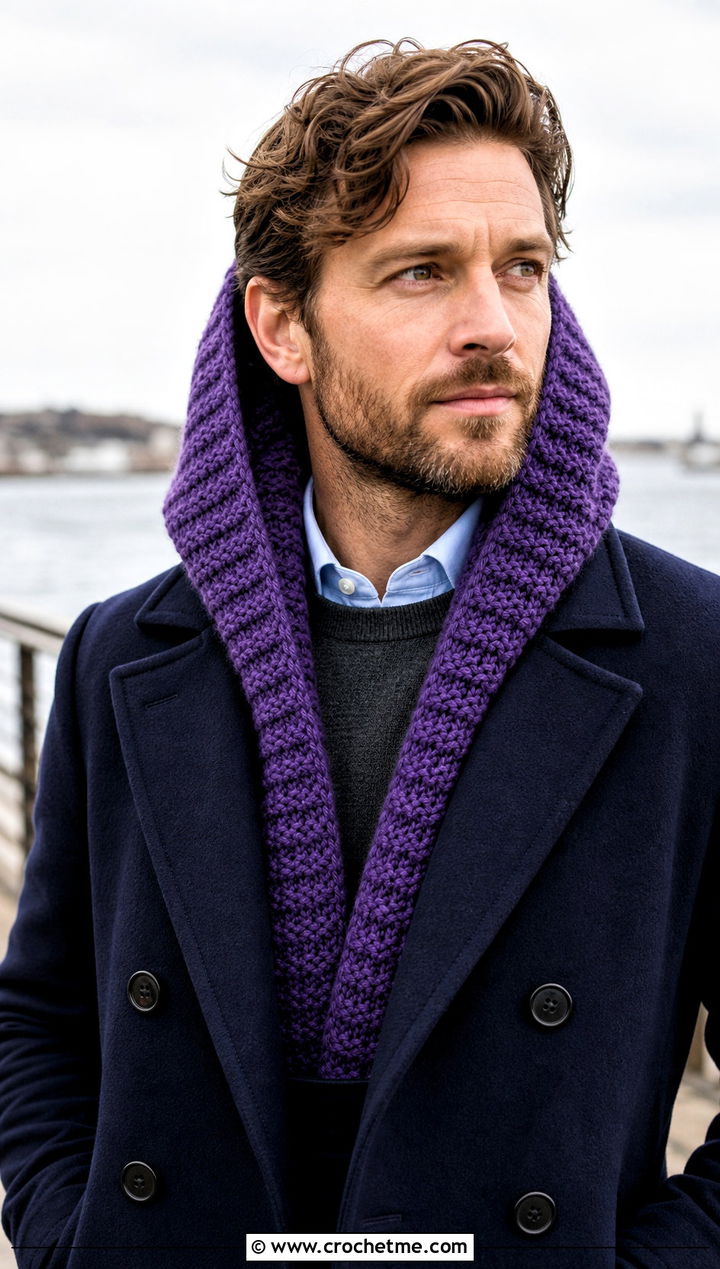 Alpine Stitch Hooded Scarf With Peacoat - 20 Crochet Hooded Scarf For Men outfit ideas